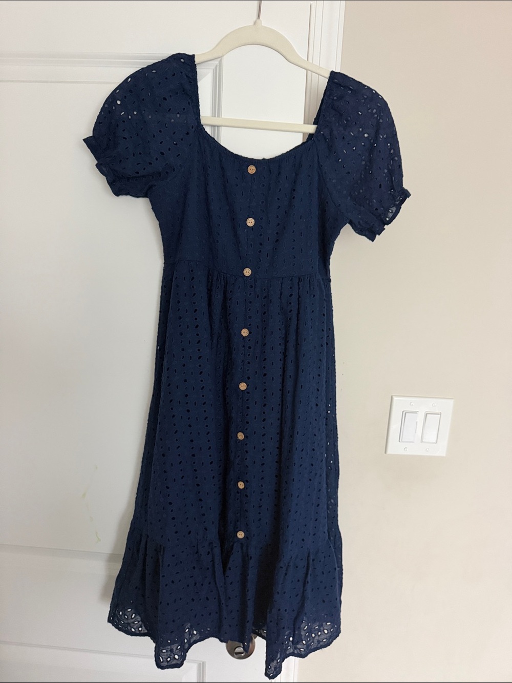 Girls Navy Eyelet Button-Front Dress
